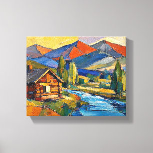 Toile Peinture abstraite de chalet en bois dans les bois