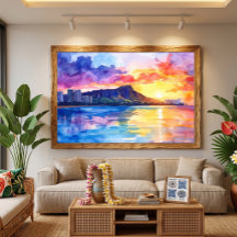 Peinture aquarelle de Diamond head Waikiki Hawaï