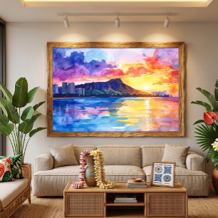 Toile Peinture aquarelle de Diamond head Waikiki Hawaï
