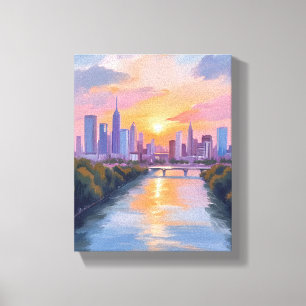 Toile Peinture aquarelle du coucher de soleil sur la vil