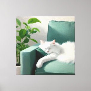 Toile Peinture de chat dormant sur un canapé vert