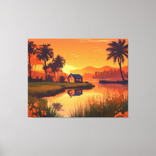Toile Peinture de coucher de soleil nature avec lac, Cot