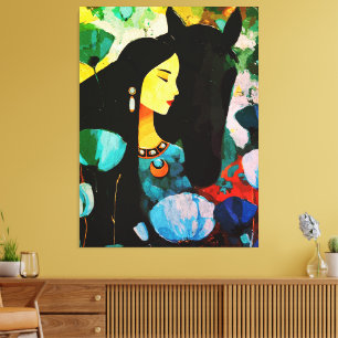 Toile Peinture de la femme et du cheval turquoise