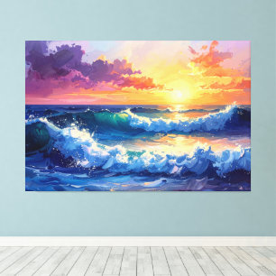 Toile Peinture de vagues au coucher du soleil lever du s