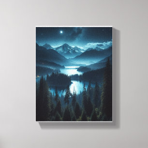 Toile Peinture d'une forêt au clair de lune