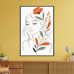 Toile Peinture murale de femme en art linéaire floral mi