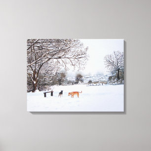 Toile peinture paysage de neige avec chiens