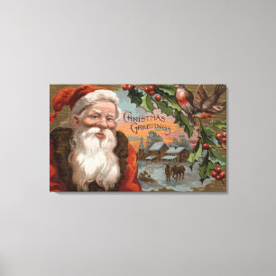Toile Père Noël avec le houx, scène de village
