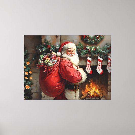 Toile Père Noël debout devant une cheminée (Recto)