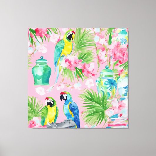 Toile Perroquets et pots de chinoiserie macaw sur rose t (Recto)