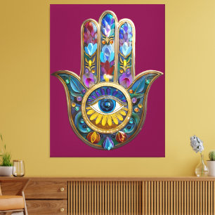 Toile Pétales Colorés Feuilles Hamsa Saphir Troisième Œi