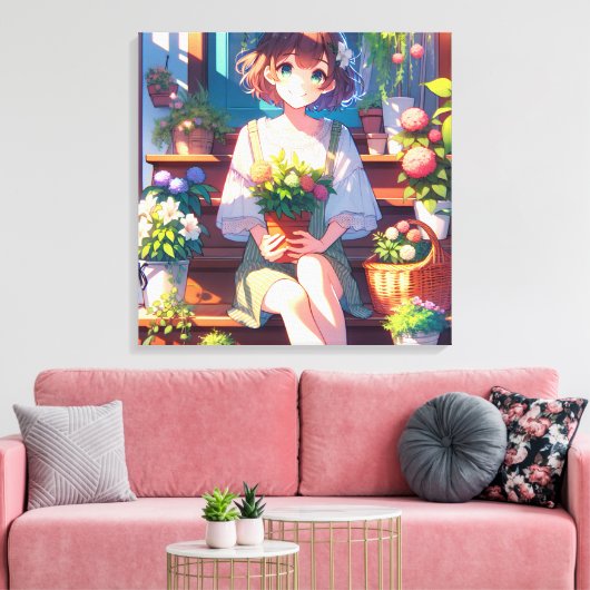 Toile Petite fille Anime tenant un Plante (Insitu(Salon))