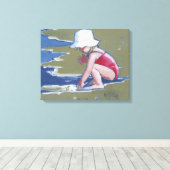 Toile Petite fille avec casquette sur la plage avec vagu (Insitu (Plancher de Bois))