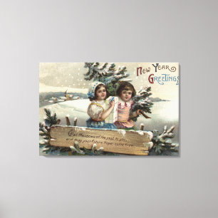 Toile Petites filles tenant un présent et un arbre