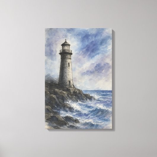 Toile Phare de charbon et d'aquarelle sur la côte rocheu (Recto)