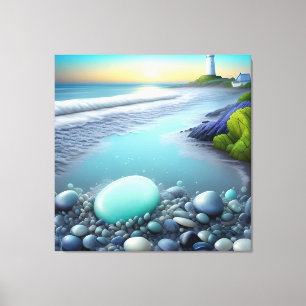 Toile Phare et galets colorés au lever du soleil