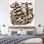 Toile Phare et navire en mer - Vintage gravé (Insitu(Chambre))