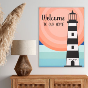 Toile Phare nautique bleu orange ombré Bienvenue au sole
