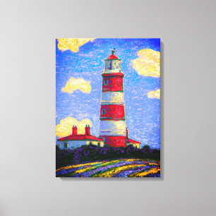 Toile Phare rouge et blanc au-dessus des champs de lavan