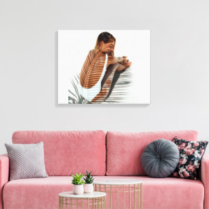 Toile Photo de Girl at Beach Palm Leaf Shadow