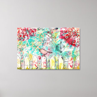 Toile Picket d'Oiseaux et blanc clôture de médias mixtes