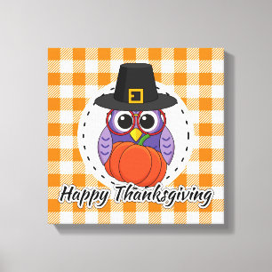 Toile Pilgrim owl on Orange Plaid - Happy Thanksgiving