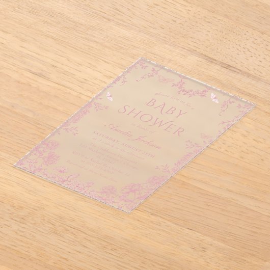 Toile Pink Floral Chinoiserie Baby shower Acryl Uitnodigingen (Laagn)