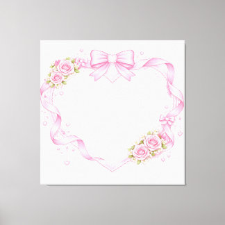 Toile Pink Roses Heart Frame Bow Ribbon Floral Border