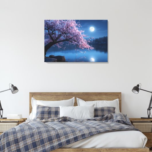 Toile Pink Sakura Tree & Full Moon Night Canvas Print (Insitu(Chambre))