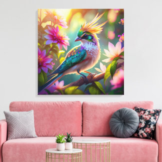 Toile Pinson à tête verte à crête dorée oiseau de fantai