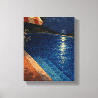 Toile Piscine éclairée par la lune avec parapluie rayé t