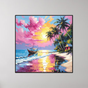 Toile Plage au coucher du soleil tropical avec bateau et
