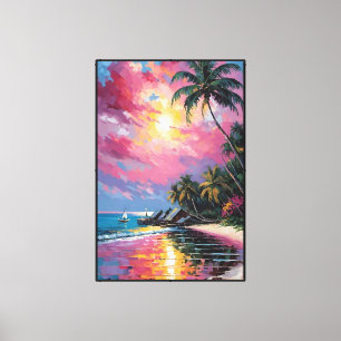 Toile Plage au coucher du soleil tropical avec palmiers