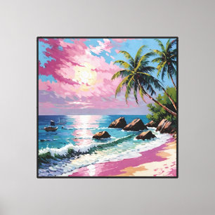 Toile Plage au coucher du soleil tropical avec palmiers