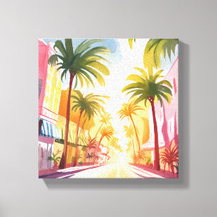 Toile Plage de Miami Peinture Aquarelle Colorée Brilla