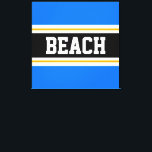 Toile PLAGE Fun Bleu Bleu Bleu Noir Blanc Jaune Grandes<br><div class="desc">Ce design sportif coloré présente un texte BEACH en gras à l'intérieur d'une large bande horizontale de centre noir avec des rayures blanches et jaunes dorées contre des rayures extérieures bleu vif. Le texte peut être personnalisé.</div>
