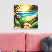 Toile Plage Sunset avec Fleurs et Palmiers (Insitu(Salon))