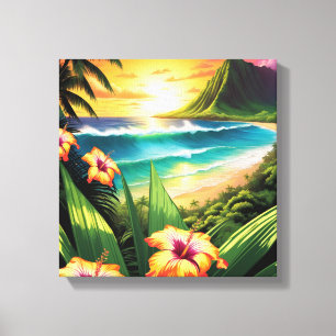 Toile Plage Sunset avec Fleurs et Palmiers