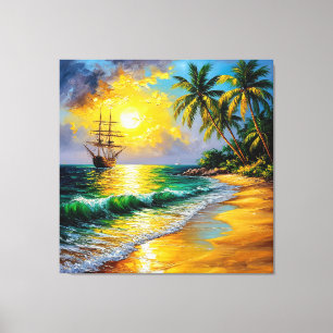 Toile Plage tropicale au lever du soleil avec un voilier