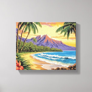Toile Plage tropicale avec palmiers et fleurs