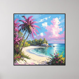 Toile Plage tropicale avec palmiers et fleurs roses