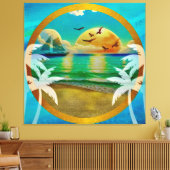 Toile Plage Tropicale Moderne Palmiers Coucher de Soleil (Insitu(Salon))