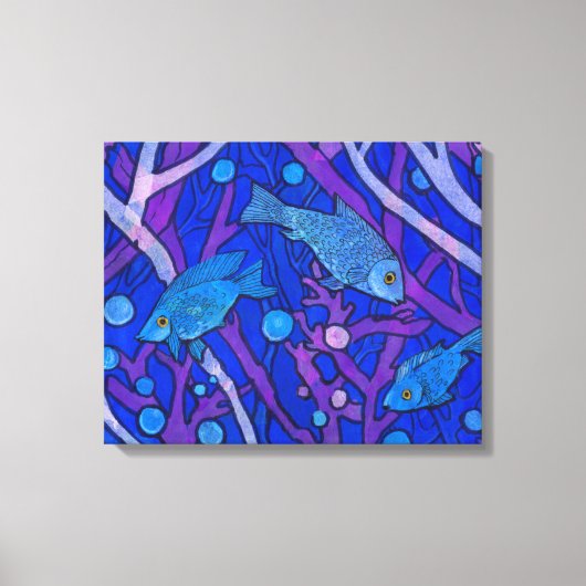 Toile Poisson bleu dans les algues, Collag papier d'art (Recto)