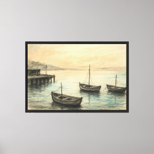 Toile Port calme Sunrise Charbon et aquarelle Art