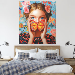 Toile Portrait Butterfly Girl in a Floral Wonderland