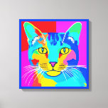 Toile Portrait de chat Pop Art multicolore<br><div class="desc">Toile dans un style rétro,  pop art,  portrait de chat dans des couleurs vives,  couleurs primaires de magenta,  cyan,  bleu et jaune</div>