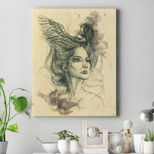 Toile Portrait de femme fantaisiste Crâne d'oiseau Ailes