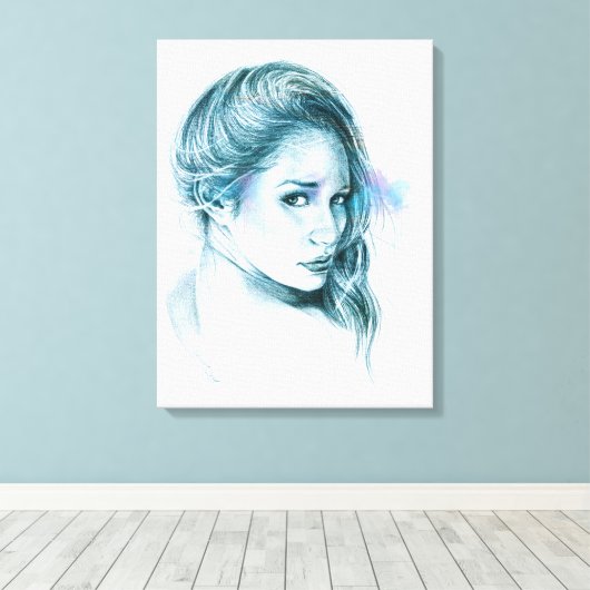 Toile Portrait de fille au crayon art Bleu (Insitu (Plancher de Bois))