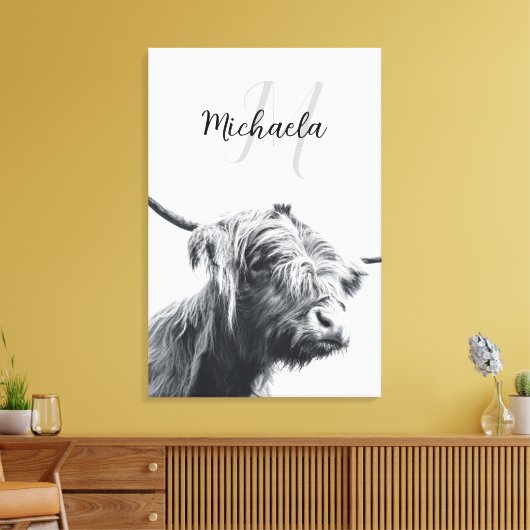 Toile portrait de vache highland monogramme initial noir (Insitu(Salon))