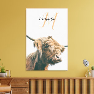 Toile Portrait de vache Highland nom personnalisé monogr